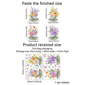 Colorful floral teacup wall stickers with butterflies for living room home decor set