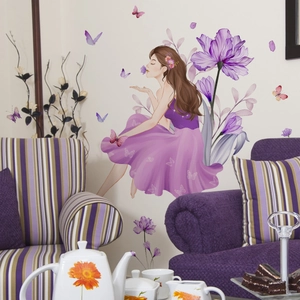 Girl in purple dress wall decal with large flowers and butterflies for bedroom decor