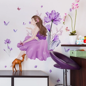 Girl in purple dress wall sticker with floral and butterfly accents in a cozy bedroom