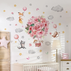 Watercolor Pink Rose Hot Air Balloon Cartoon Animal Wall Stickers For Nursery Kids Room PVC Self Adhesive Decorative Mural
