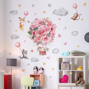 Waterweight animals pink floral hot air balloon wall decals for kids room nursery decor
