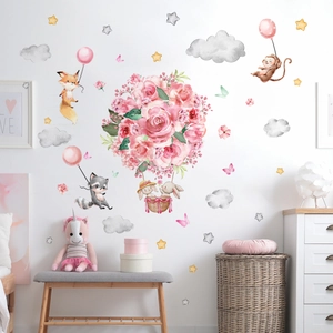 Watercolor pink hot air balloon wall stickers with cartoon animals for kids room
