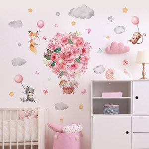 Pink rose balloon wall decals with cartoon animals for nursery room decoration