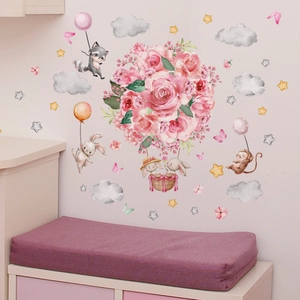 Detail of bunny in hot air balloon wall decal with cartoon animals and pink roses stickers