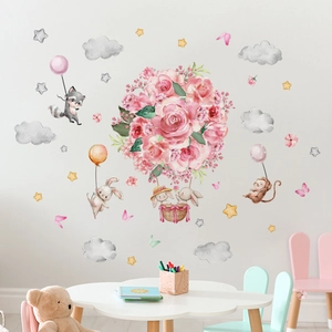 Nursery wall stickers featuring watercolor pink rose hot air balloon and cute animals