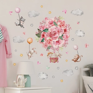 Watercolor animal wall decals featuring hot air balloon and rabbit for kids room
