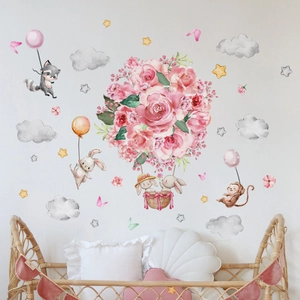 Cartoon animal hot air balloon wall decal with pink roses and rabbits for kids room