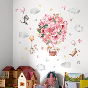 Watercolor wall decals with pink hot air balloon and cute animals for kids room