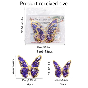 Set of 12 3D laser purple wall butterflies with gold trim for festive party decoration