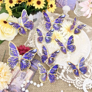 Detail of 3D purple butterflies with gold foil edges on elegant floral background