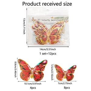 Macro detail of red 3D hollow butterflies with gold edges in 12-piece decorative set