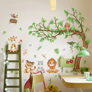 Self-adhesive watercolor cartoon forest animal wall stickers with giraffe and lion for kids room