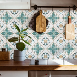 Vintage Moroccan style kitchen wall tiles with blue and yellow geometric flower patterns