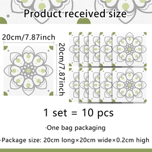 Set of 10 vintage mandala pattern tile stickers in white and grey, size 20x20cm each