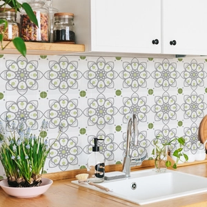 Retro mandala pattern kitchen backsplash tile stickers in grey-green and grey hues