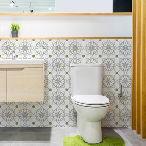 French vintage mandala wall sticker with grey floral pattern and green dots for bathroom