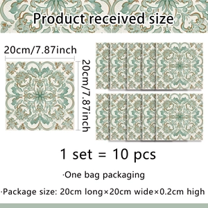 Detail of 10-piece set vintage blue-green floral tile stickers measuring 20x20cm