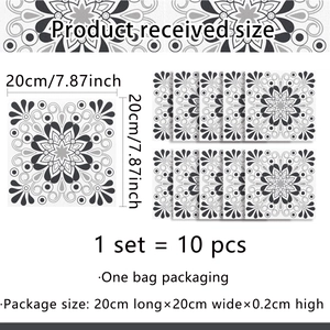 10-piece pack of 20x20cm black and white mandala patterns waterproof tile stickers
