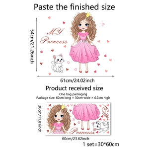 Tableau des tailles détaillé montrant l'autocollant mural princesse et sa mise en page