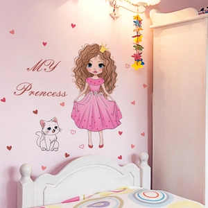 Sticker mural princesse avec robe à cœurs et chat mignon pour chambre de petite fille