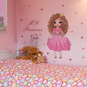 Sticker mural princesse dessin animé avec cœurs roses pour chambre fille