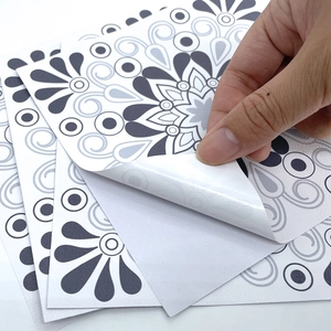 Macro view of self-adhesive mandala wall tile sticker with waterproof gray geometric pattern