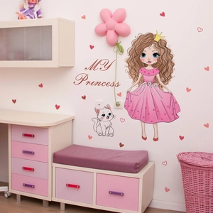 Sticker mural princesse dessin animé avec robe à cœurs et texte My Princess pour chambre