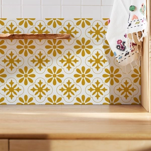 Retro yellow and white floral geometric self-adhesive wall tile stickers for kitchen backsplash