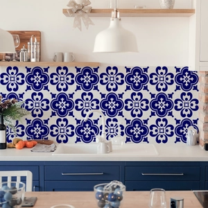 Close-up of waterproof vintage blue Mediterranean tile sticker in a kitchen setting