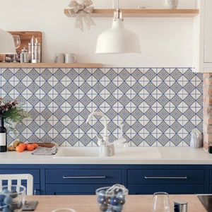 Close-up of bohemian blue and yellow floral pattern self-adhesive kitchen backsplash tiles