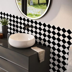 Detail of waterproof black and white checkerboard wall stickers in a modern bathroom