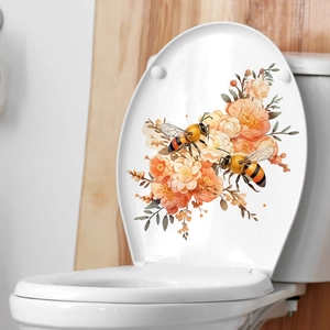 Dettaglio adesivo per coperchio WC con fiori arancioni e api in stile realistico