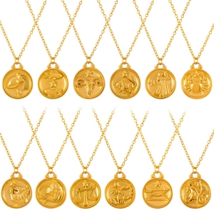 Gold plated zodiac medallion necklace set featuring 12 constellations symbols