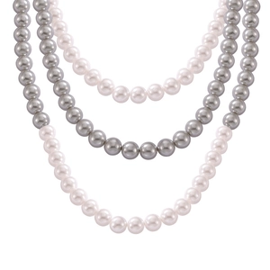 Collier élégant à trois rangs avec perles rondes blanches et gris argenté alternées