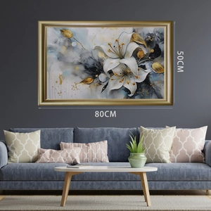 Tableau mural moderne de lys blancs abstraits avec touches dorées et taille 80x50cm