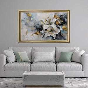 Toile moderne avec lys blancs et feuilles dorées pour décoration murale de salon