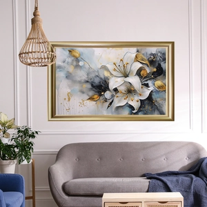 Tableau de lys blancs avec textures dorées dans un cadre moderne en métal doré