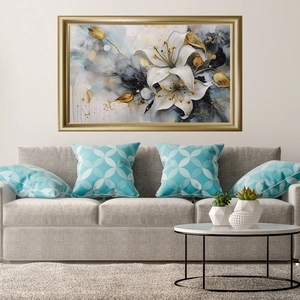 Art mural floral moderne avec lys blancs et accents dorés dans un cadre doré chic
