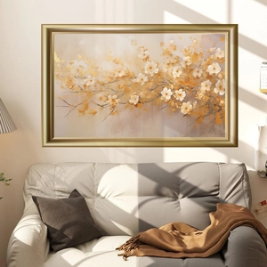 Close-up of modern Chinese floral wall sticker in a golden frame on living room wall