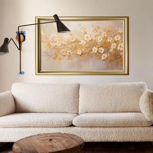 Modern framed golden flower wall art with brushed gold frame for living room decor