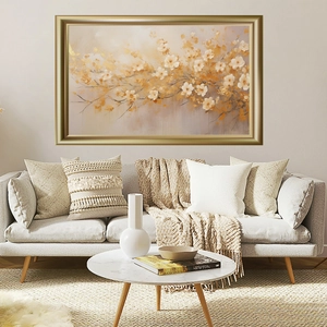 Modern framed wall art featuring gold floral design for living room or bedroom decor
