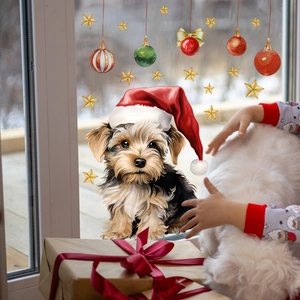 Weihnachtsfensteraufkleber mit Aquarellhunden, festlichen Kugeln und goldenen Sternen