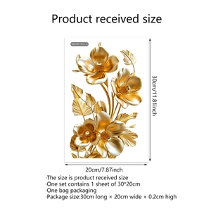 Detail showing 30x20cm dimensions of golden floral toilet stickers with 3D visual effect