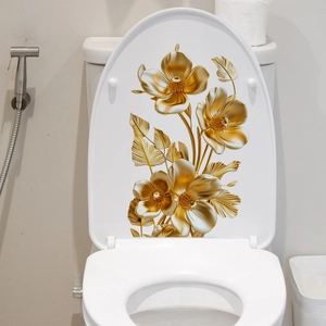 Golden 3D Floral Toilet Sticker PVC Metallic Embossed Flower Wall Decal For Bathroom Home Decor Toilet Lid Decorative Sticker