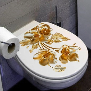 Self-adhesive golden floral toilet seat decal with elegant metallic flower relief patterns