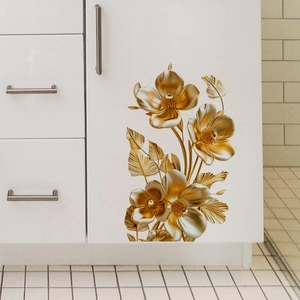 3D golden floral decal sticker with embossed metallic flowers for modern home bathroom decor