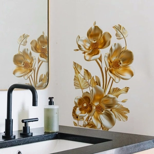 Golden embossed floral wall stickers for bathroom background decoration with metallic finish