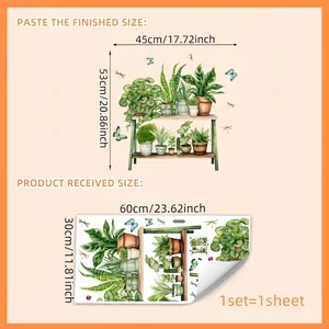 Detailed wall sticker size chart showing dimensions for potted plant cat wall decals