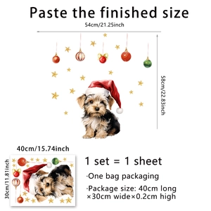Christmas Yorkie window sticker with Santa hat and festive ornaments 54x58cm