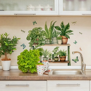 Self-adhesive wall stickers featuring potted green plants on shelves with colorful butterflies